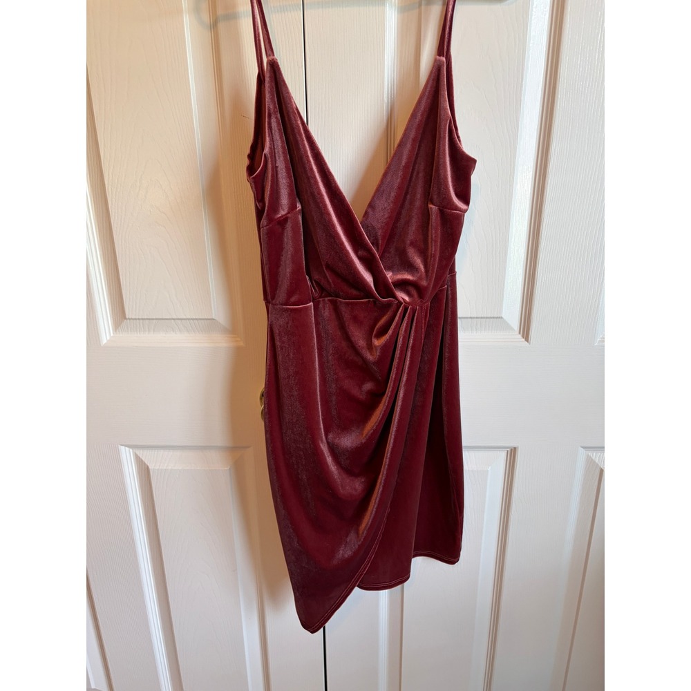 The Vintage Shop Velvet Mini Dress Burgundy Rust Wrap V-Neck Made in USA Large